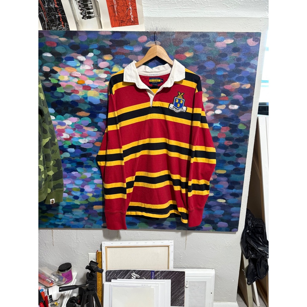 Rugby Ralph Lauren Mens XXL Striped Rugby Shirt Red Yellow Blue Crest 12 Patch